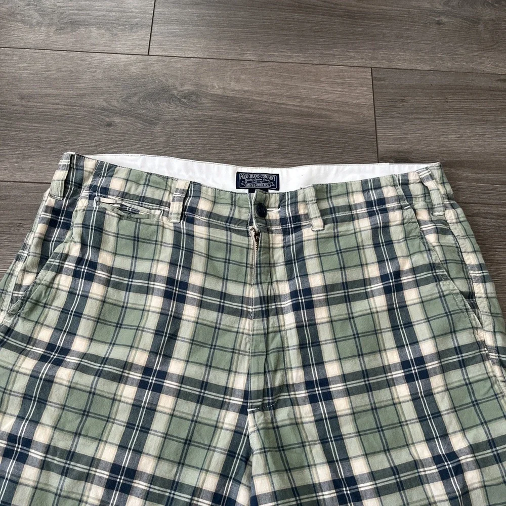 Polo Jeans Company Mens Sz 34 Plaid Shorts Green Blue Cream